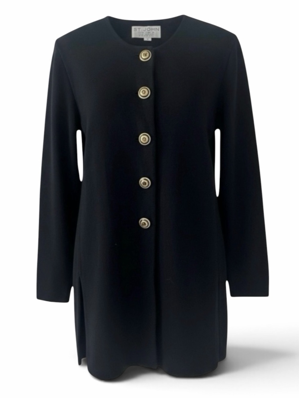 St. John Black Luxe Button Down 3/4 Sleeve Longline Knit Jacket Size Small